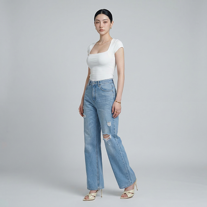Quần jean ống rộng LOREN rách gối xanh B5431
