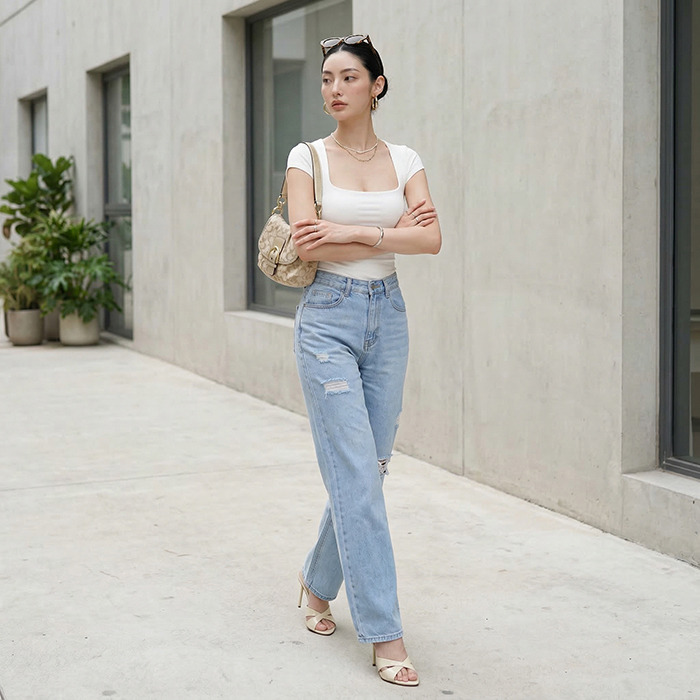 Quần jean ống rộng LOREN rách gối xanh B5431