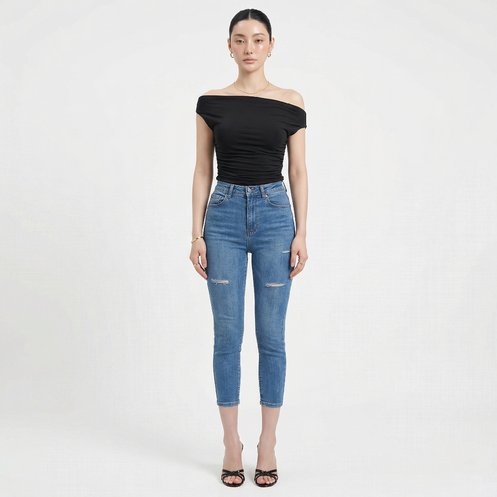 Quần jean skinny LOREN lửng rách xanh B5526