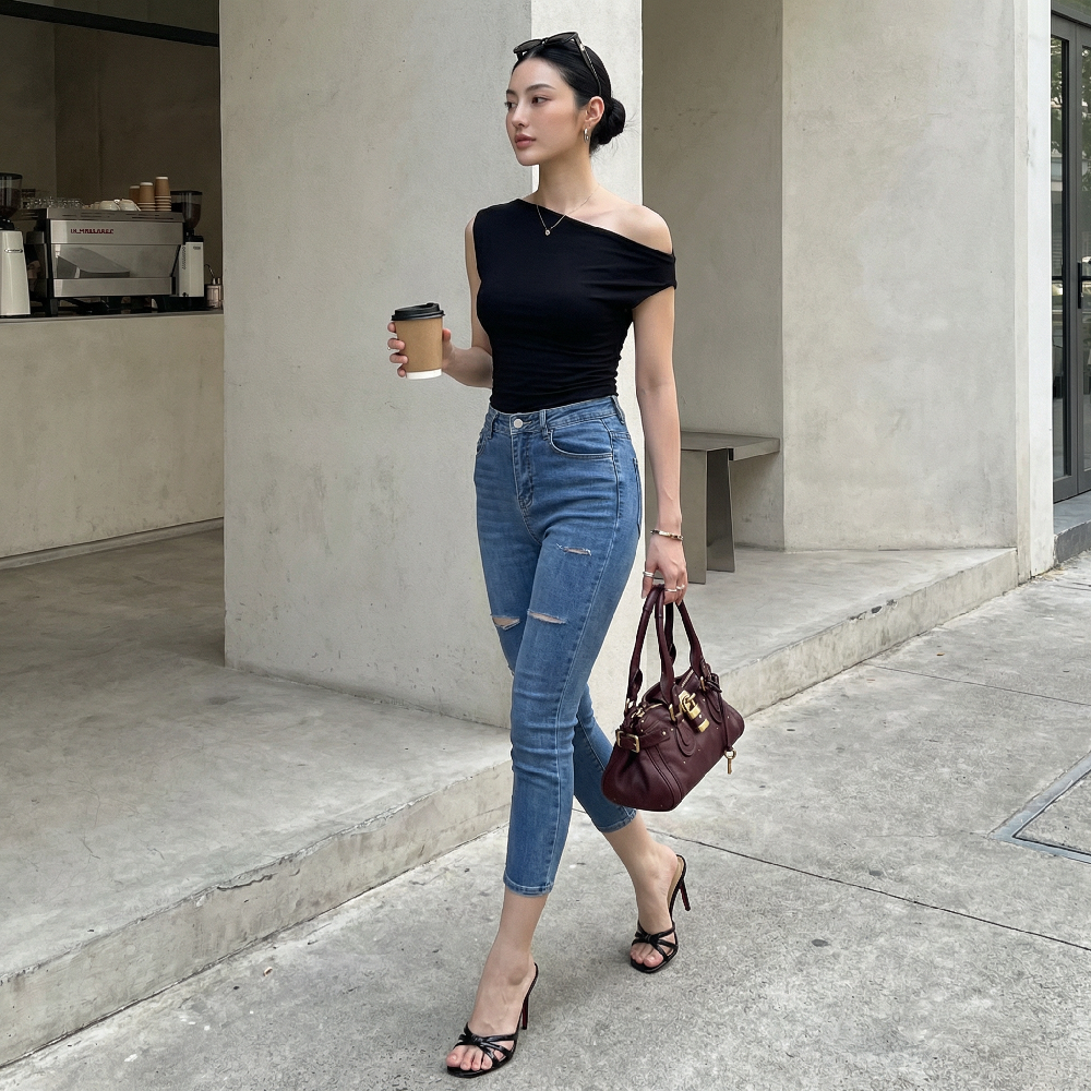 Quần jean skinny LOREN lửng rách xanh B5526
