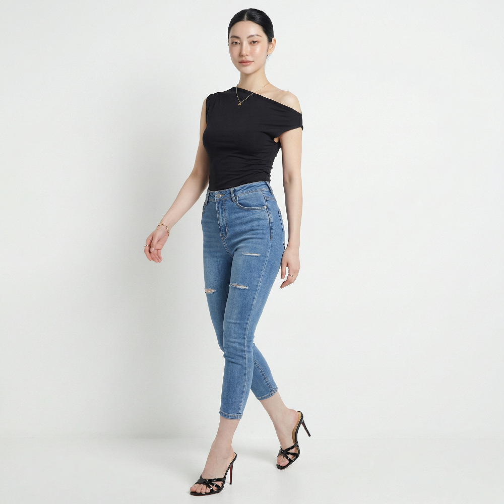 Quần jean skinny LOREN lửng rách xanh B5526