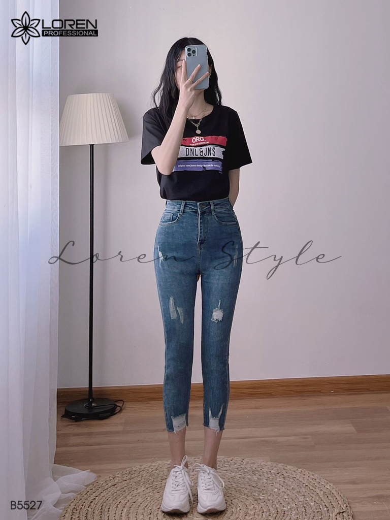 Quần jean skinny LOREN lửng rách kiểu tua xanh B5527