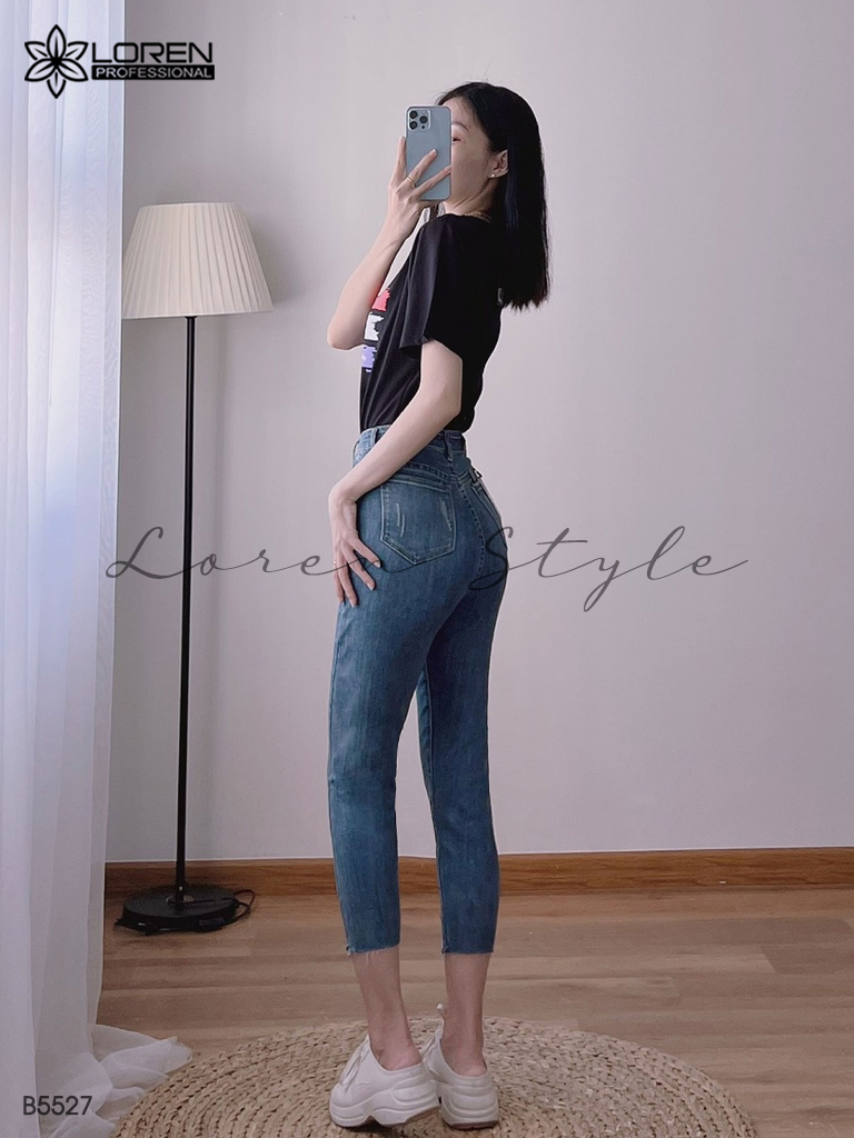 Quần jean skinny LOREN lửng rách kiểu tua xanh B5527