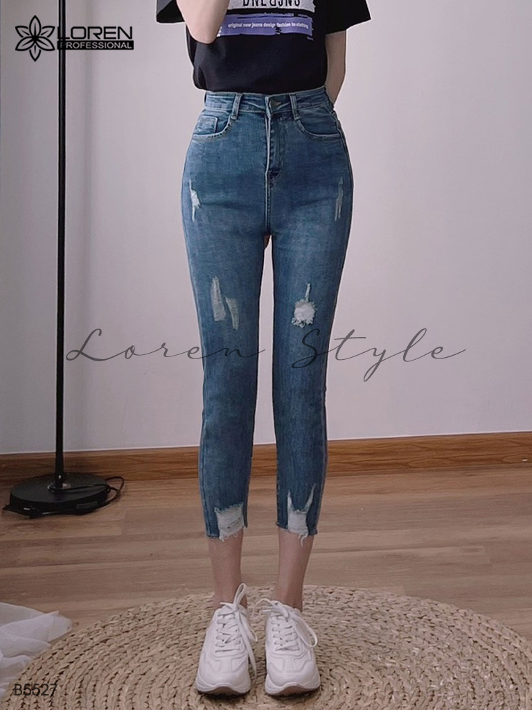 Quần jean skinny LOREN lửng rách kiểu tua xanh B5527
