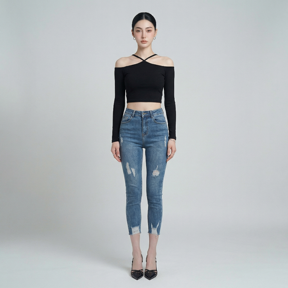 Quần jean skinny LOREN lửng rách kiểu tua xanh B5527