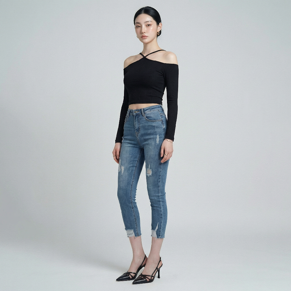 Quần jean skinny LOREN lửng rách kiểu tua xanh B5527