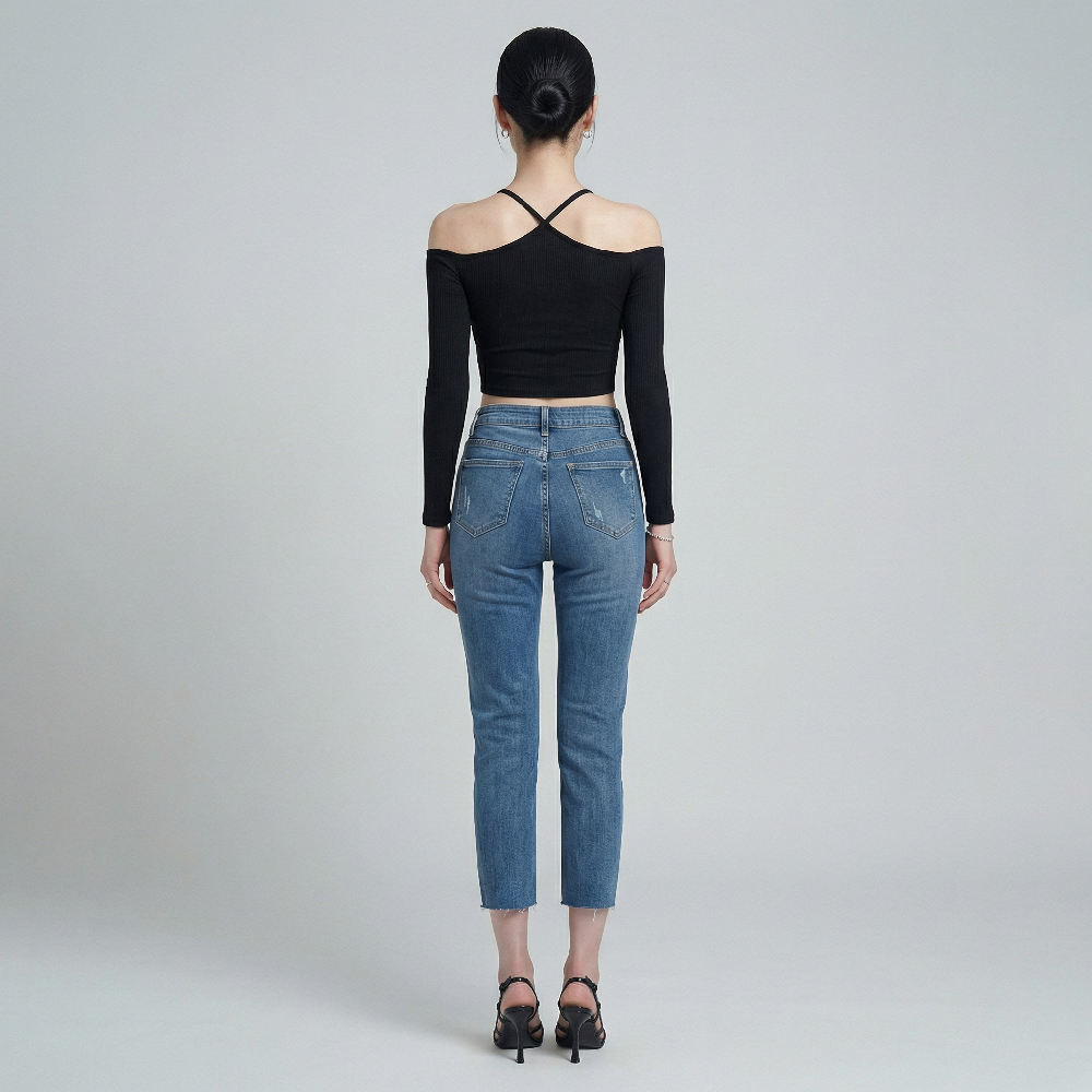 Quần jean skinny LOREN lửng rách kiểu tua xanh B5527