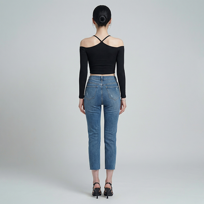 Quần jean skinny LOREN lửng rách kiểu tua xanh B5527