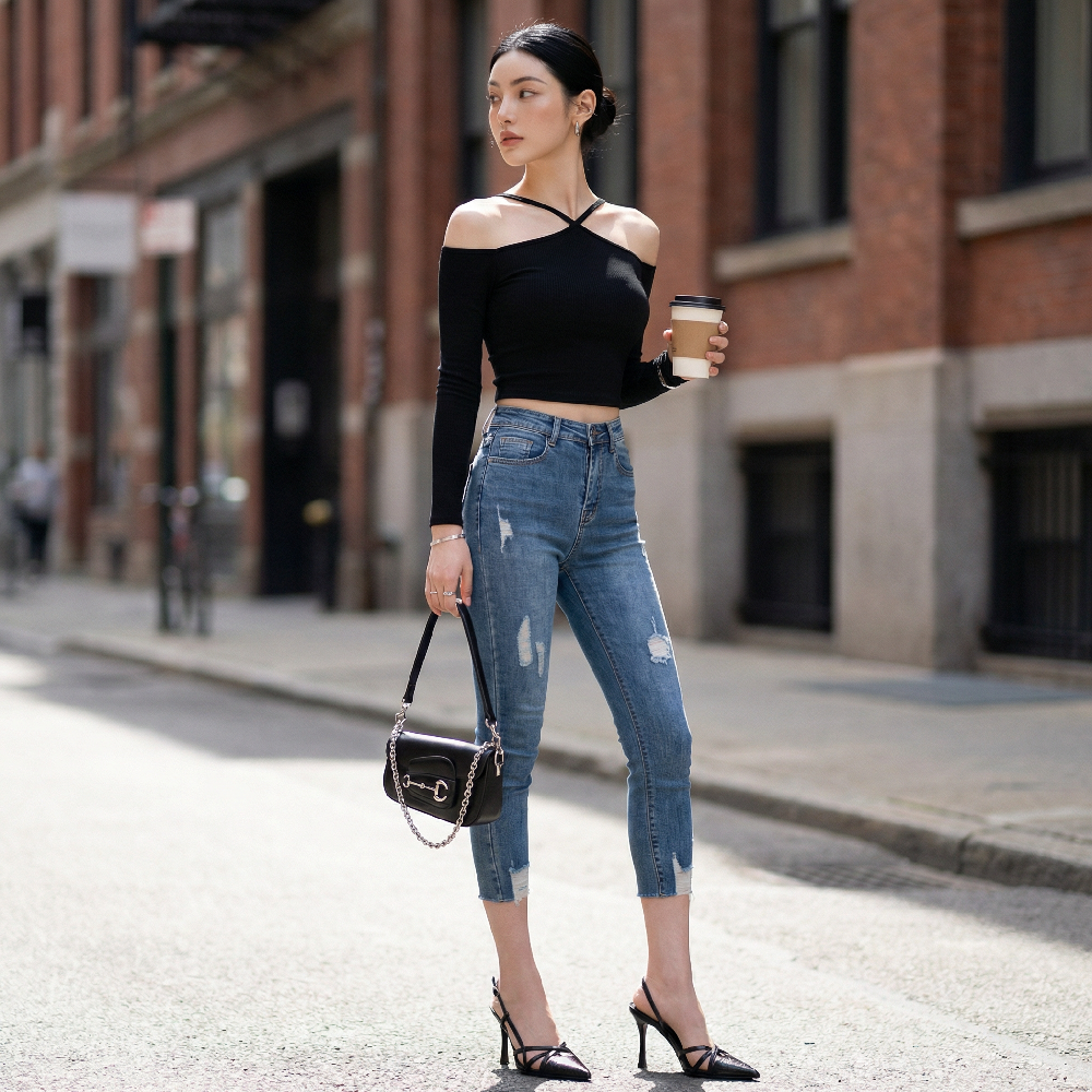 Quần jean skinny LOREN lửng rách kiểu tua xanh B5527