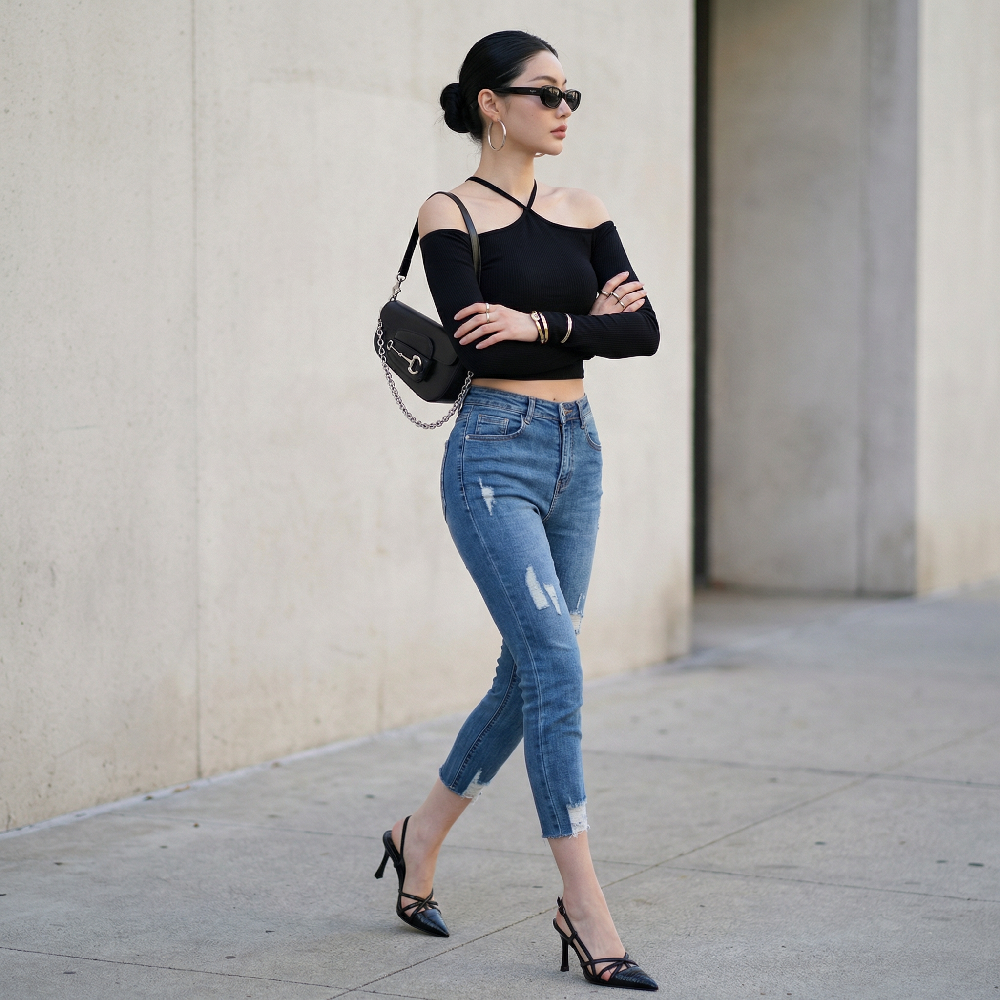 Quần jean skinny LOREN lửng rách kiểu tua xanh B5527