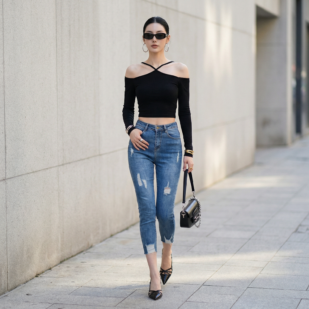 Quần jean skinny LOREN lửng rách kiểu tua xanh B5527