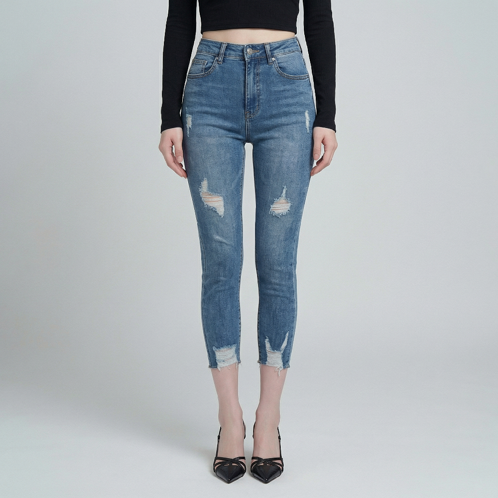 Quần jean skinny LOREN lửng rách kiểu tua xanh B5527