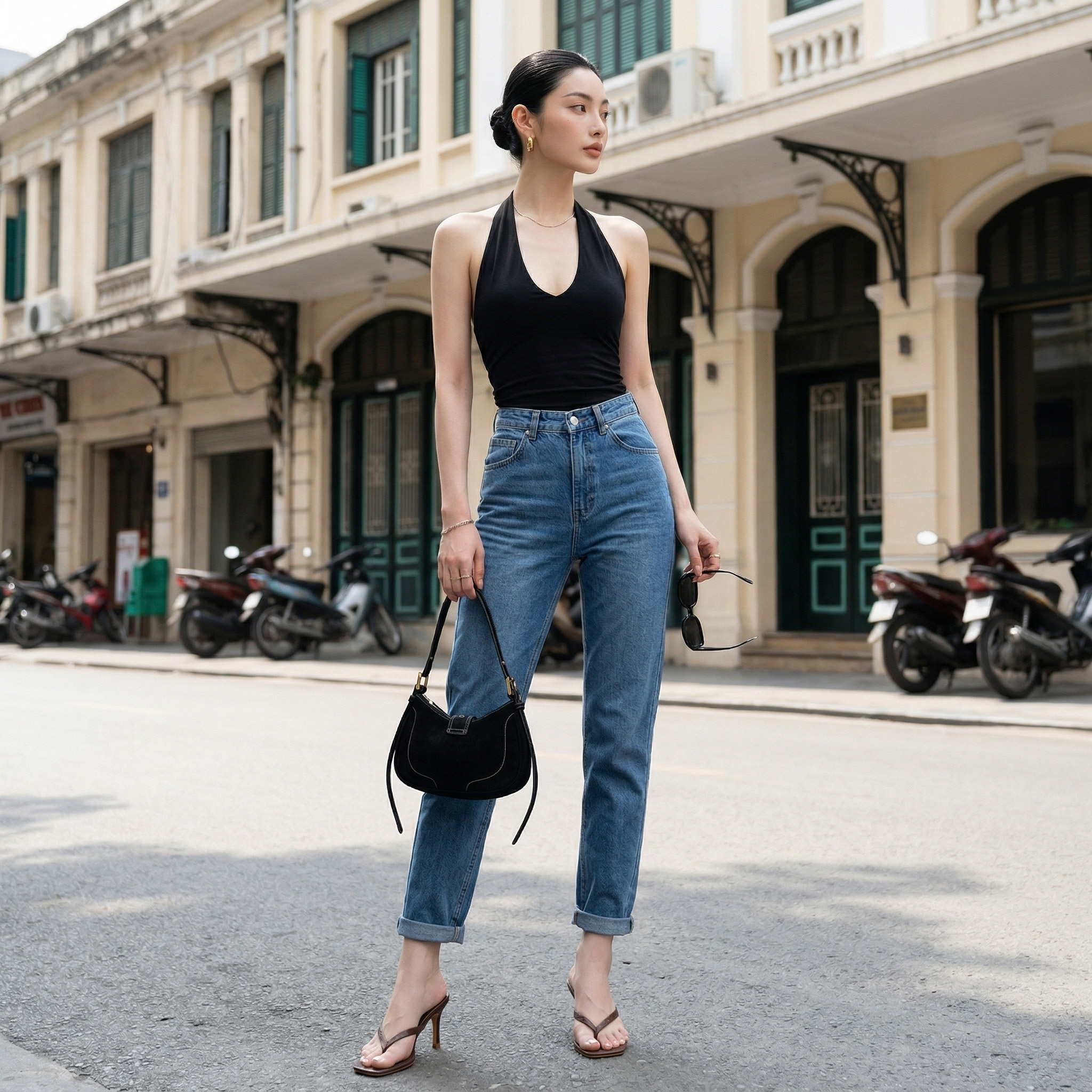 Quần jean baggy LOREN trơn tua xanh B5591