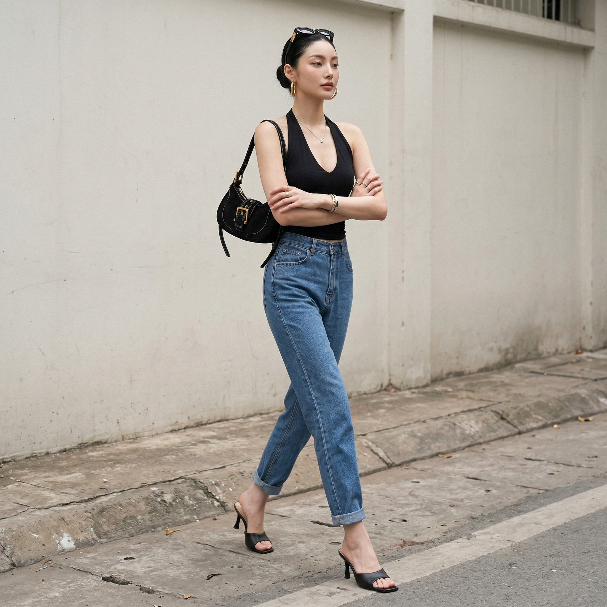 Quần jean baggy LOREN trơn tua xanh B5591