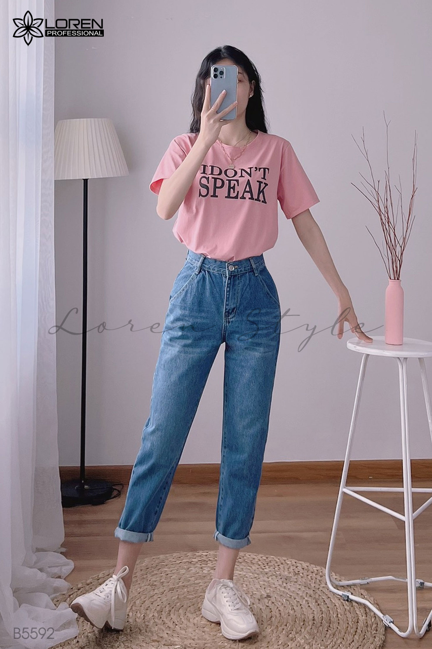 Quần jean baggy LOREN trơn tua xanh B5592