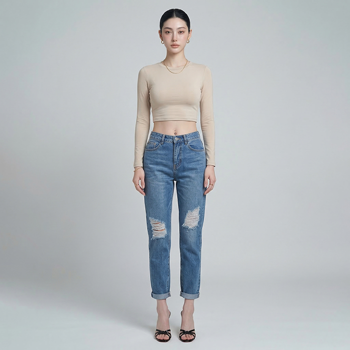 Quần jean baggy LOREN rách gối xanh B5594