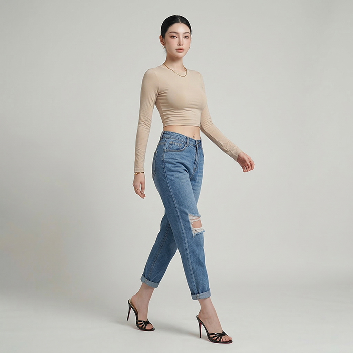 Quần jean baggy LOREN rách gối xanh B5594