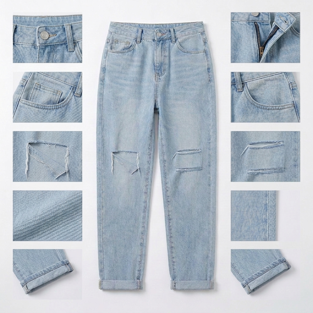 Quần jean baggy LOREN rách gối tua xanh B5748