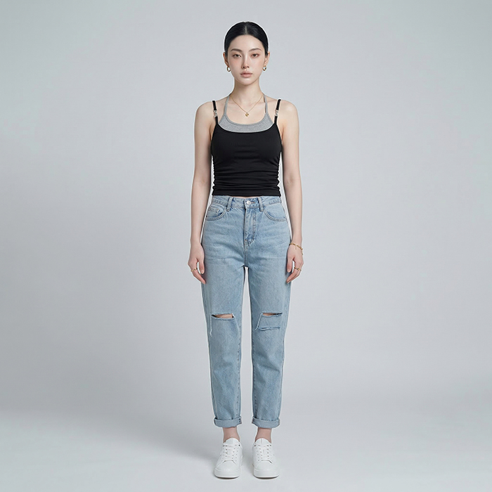 Quần jean baggy LOREN rách gối tua xanh B5748