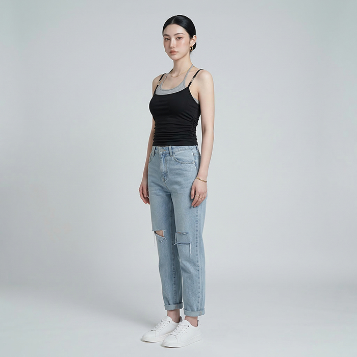 Quần jean baggy LOREN rách gối tua xanh B5748