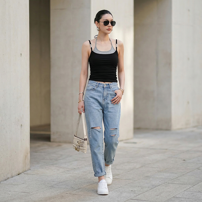 Quần jean baggy LOREN rách gối tua xanh B5748