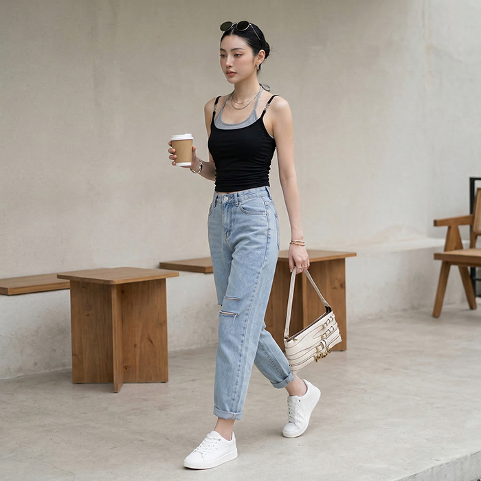Quần jean baggy LOREN rách gối tua xanh B5748