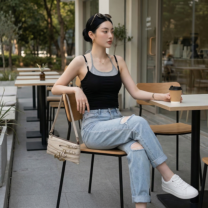Quần jean baggy LOREN rách gối tua xanh B5748