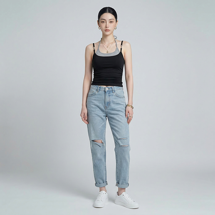 Quần jean baggy LOREN rách gối tua xanh B5748