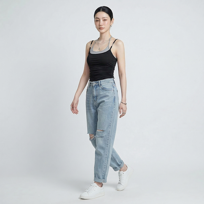 Quần jean baggy LOREN rách gối tua xanh B5748