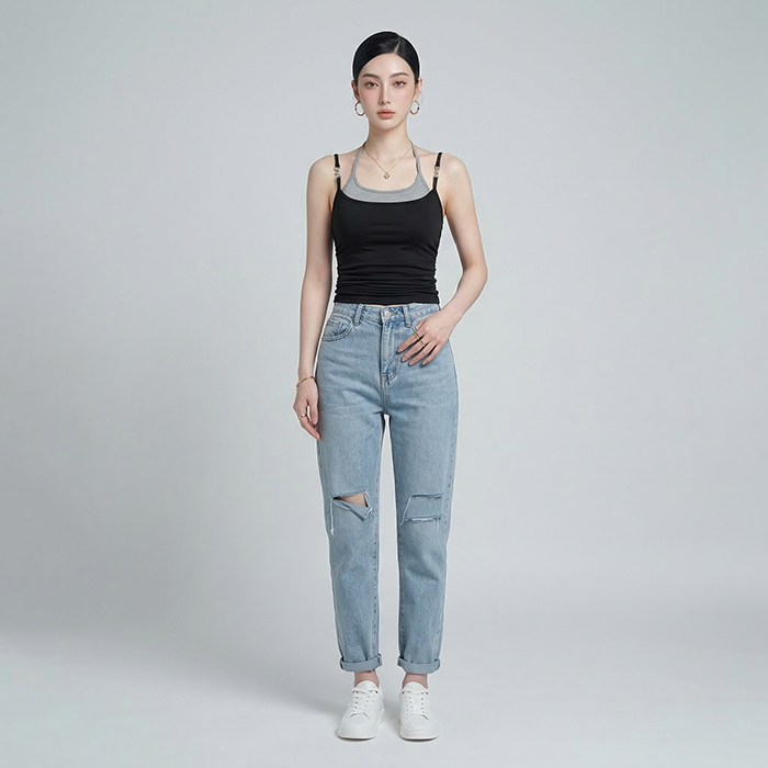 Quần jean baggy LOREN rách gối tua xanh B5748