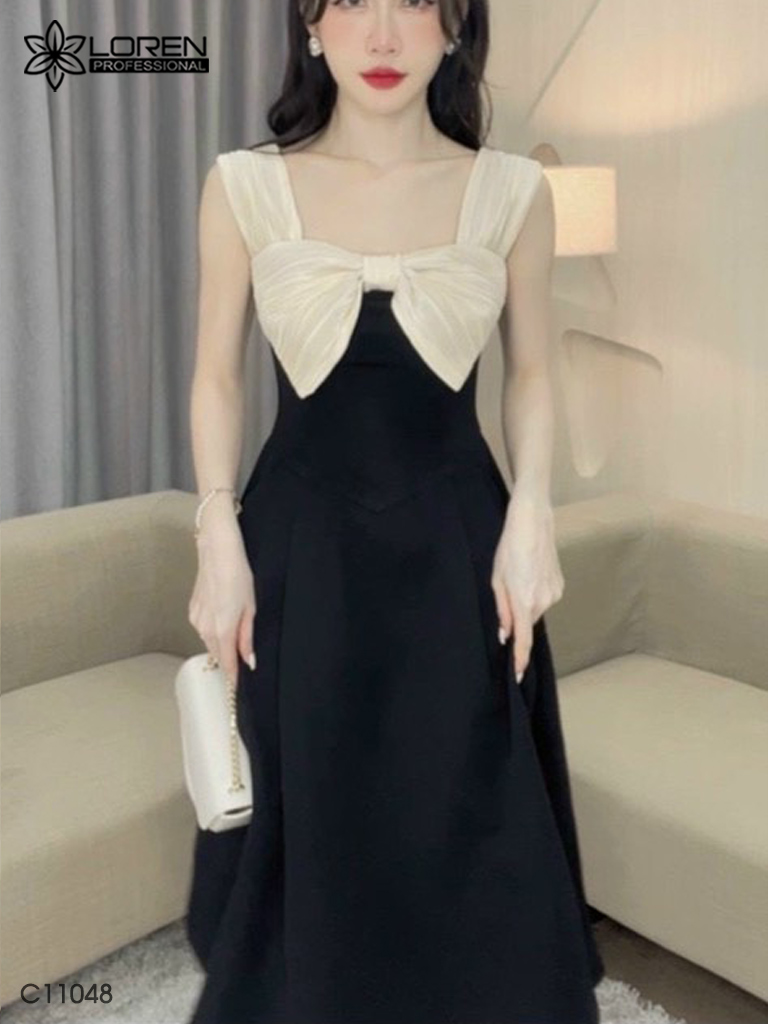 Đầm LOREN midi nơ voan kem C11048