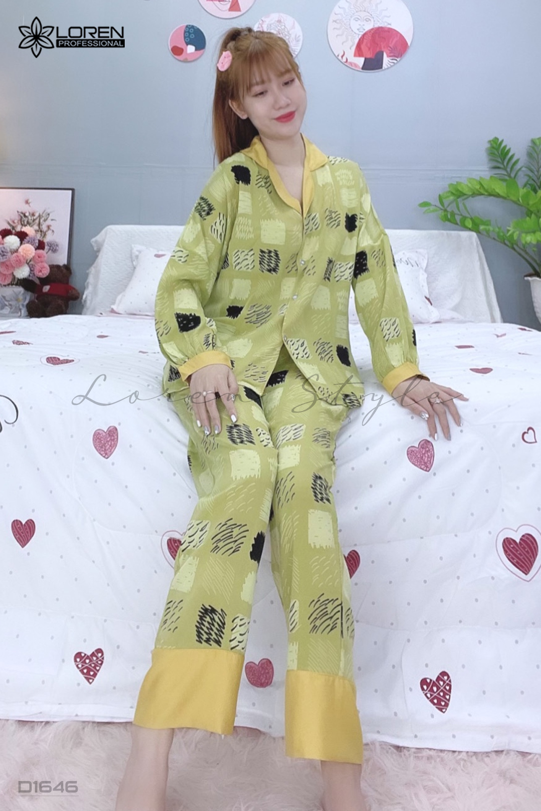 Đồ ngủ pijama dài phối cổ bèo xanh D1646