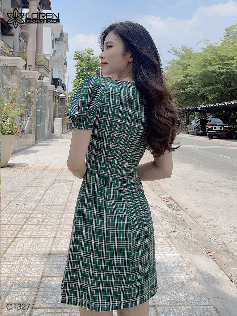 Đầm caro nơ xanh C1327