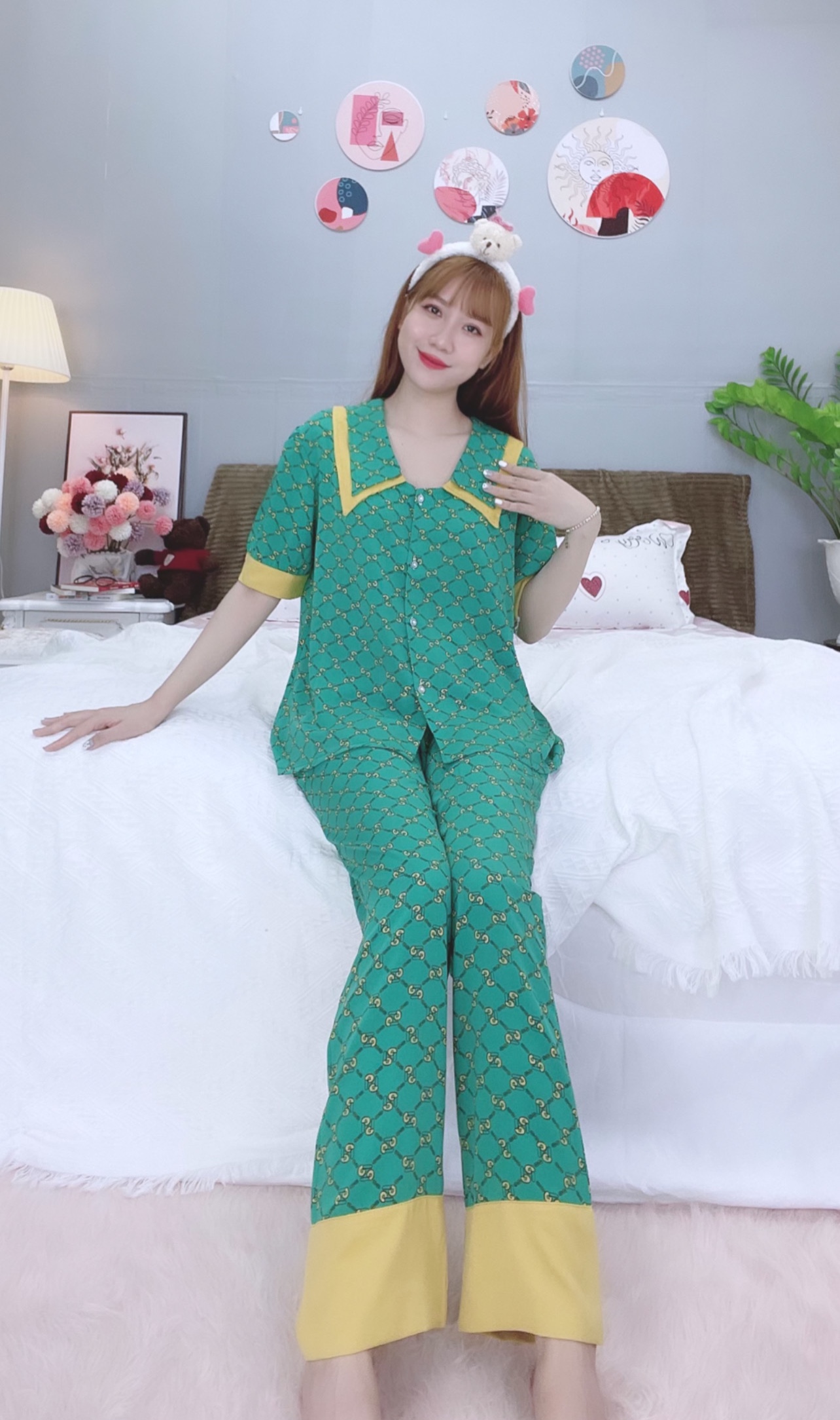 Đồ ngủ pijama tay ngắn quần dài xanh D1673
