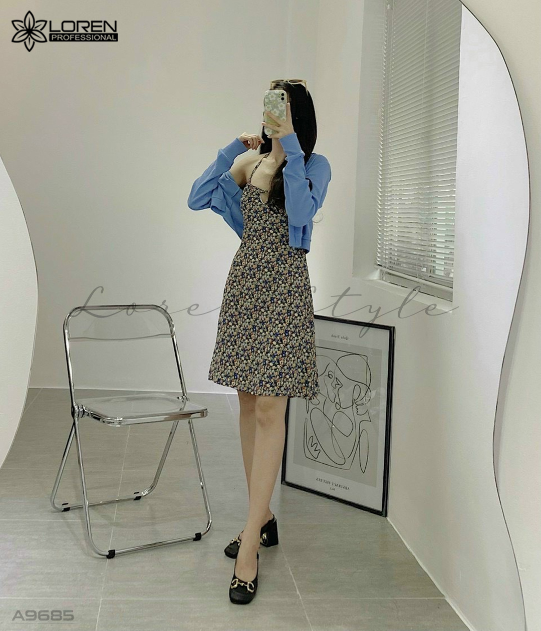 Set đầm hoa cổ yếm kèm khoác A9685
