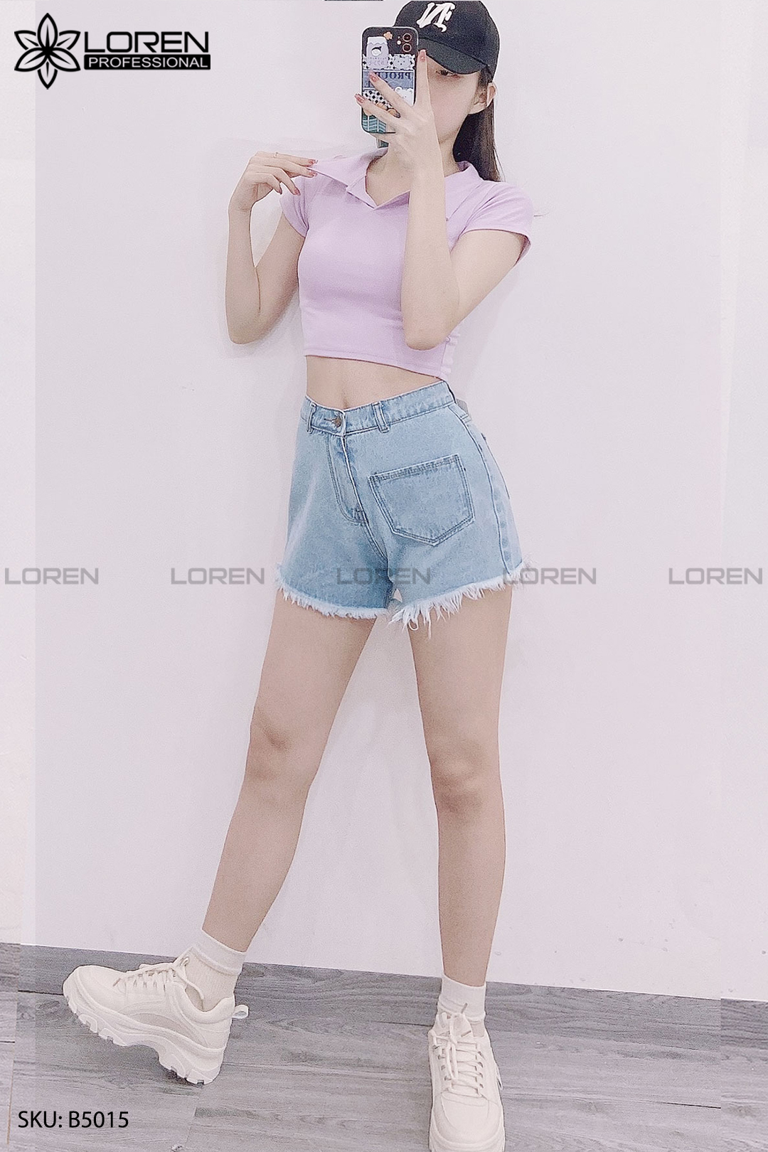 Quần jean short kiểu túi tua xanh B5015