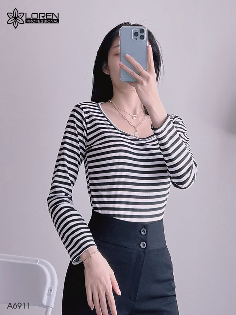 Áo kiểu nữ loren sọc đen tay dài cổ vuông A6911