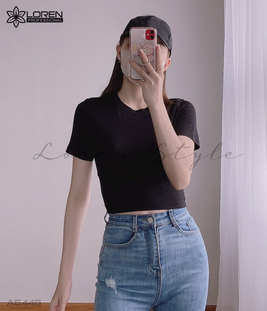 Áo croptop cổ tròn tay ngắn đen A6448