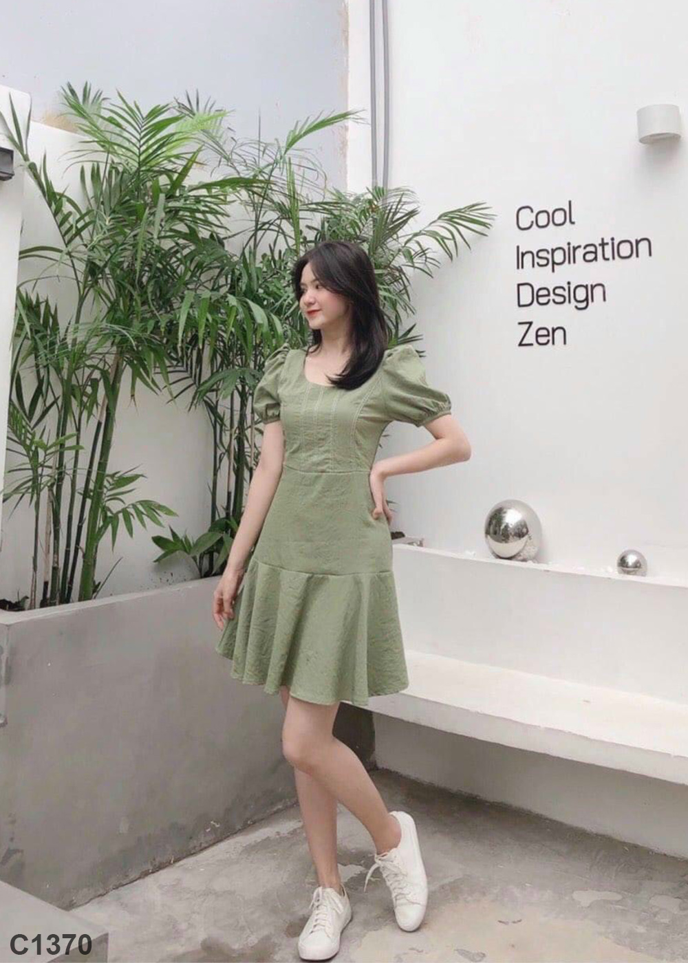 Đầm chỉ nối xanh C1370