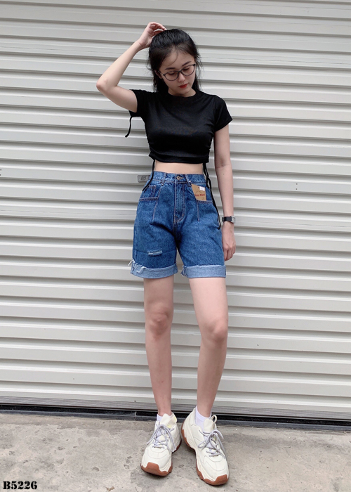 Quần jean ngố kẻ túi rách xanh B5226