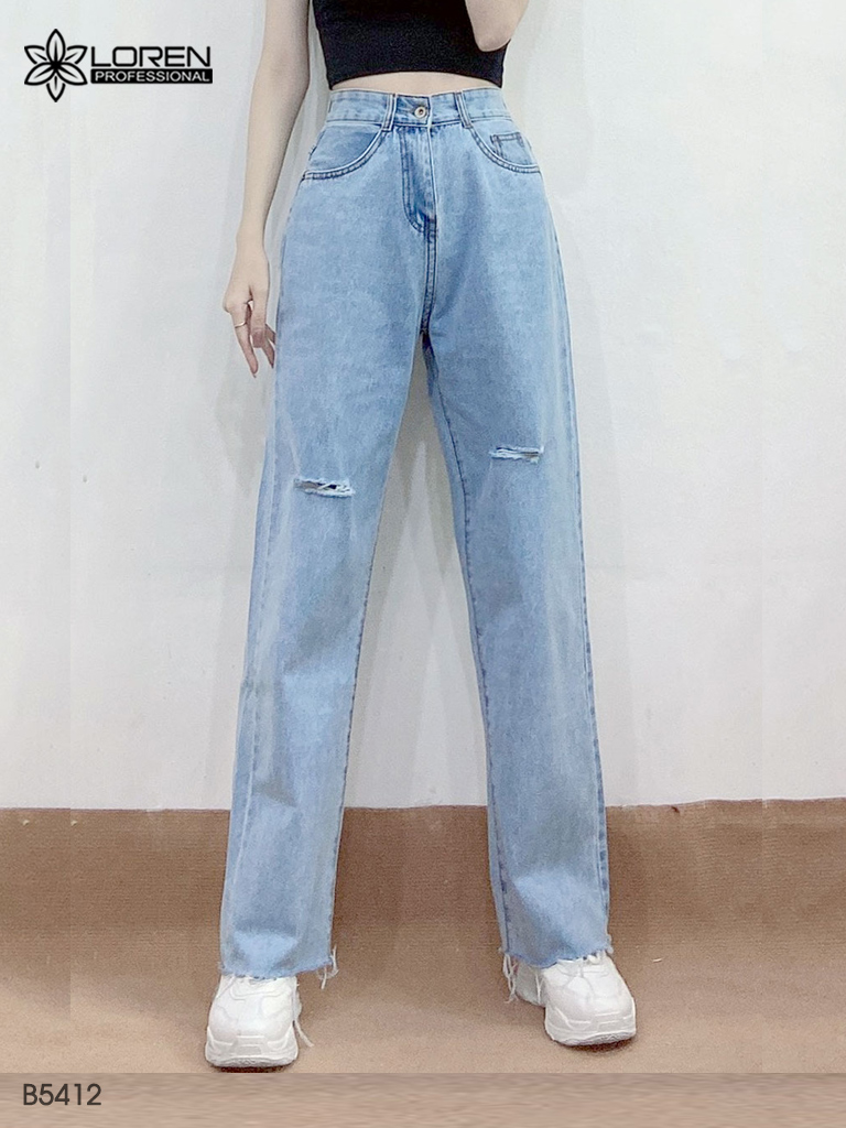 Quần jean ống rộng LOREN rách tua xanh B5412