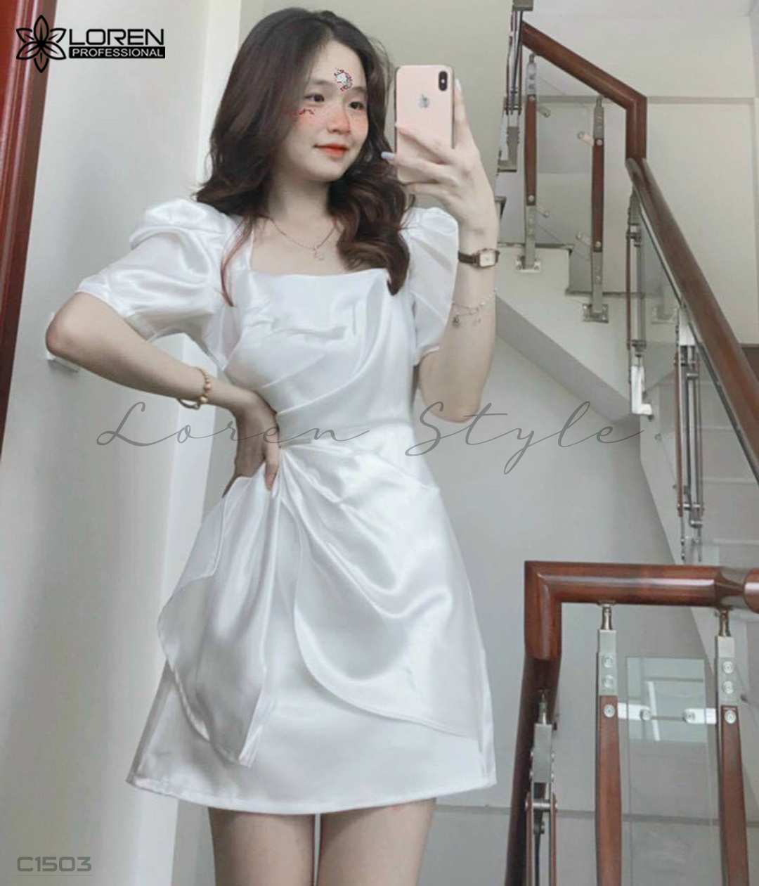 Đầm cổ u vạt xéo trắng C1503