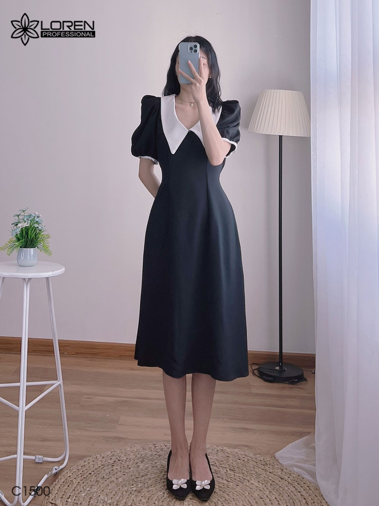 Đầm midi đen cổ peter trắng C1500