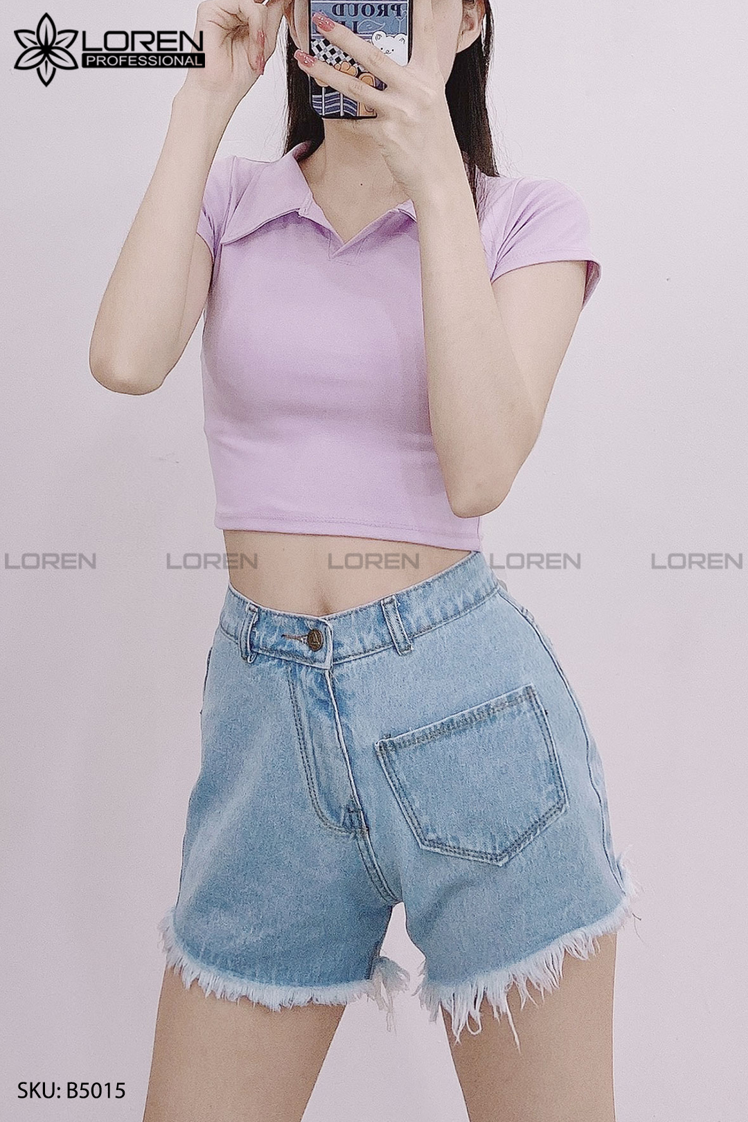 Quần jean short kiểu túi tua xanh B5015