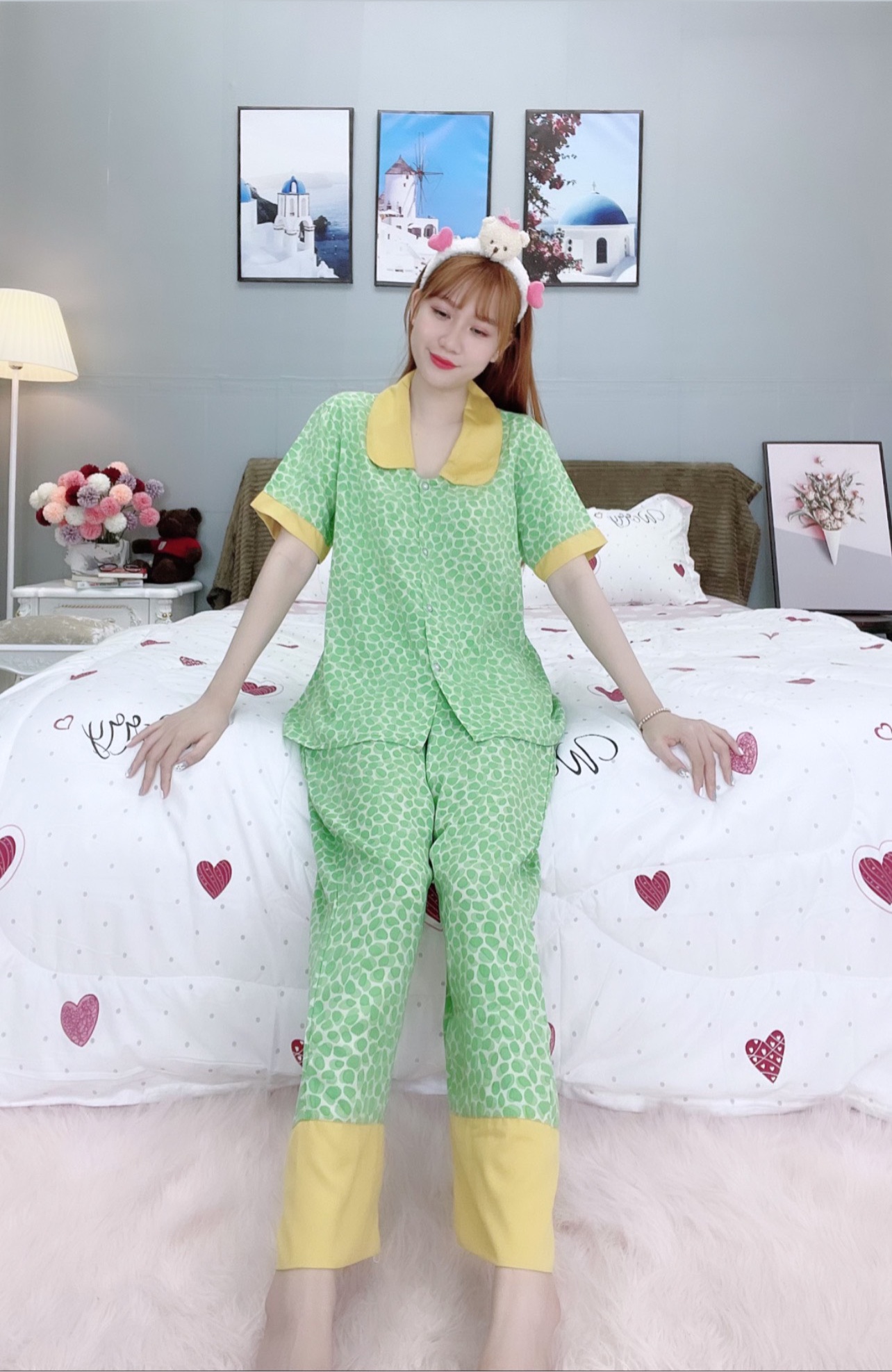 Đồ ngủ pijama tay ngắn quần dài xanh D1661