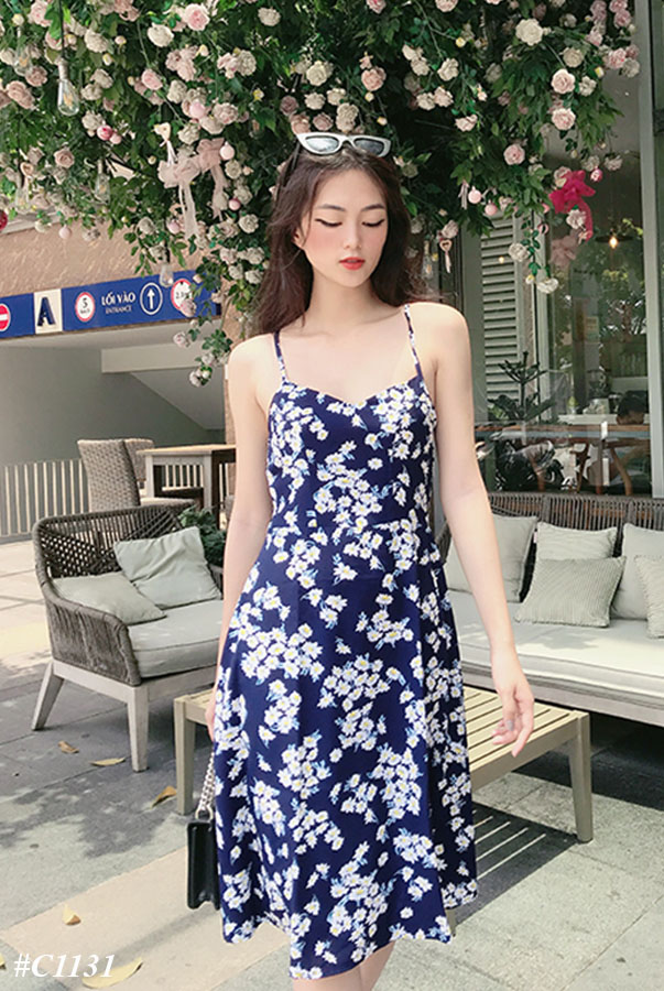 Đầm LOREN 2 dây hoa cúc xanh C1131