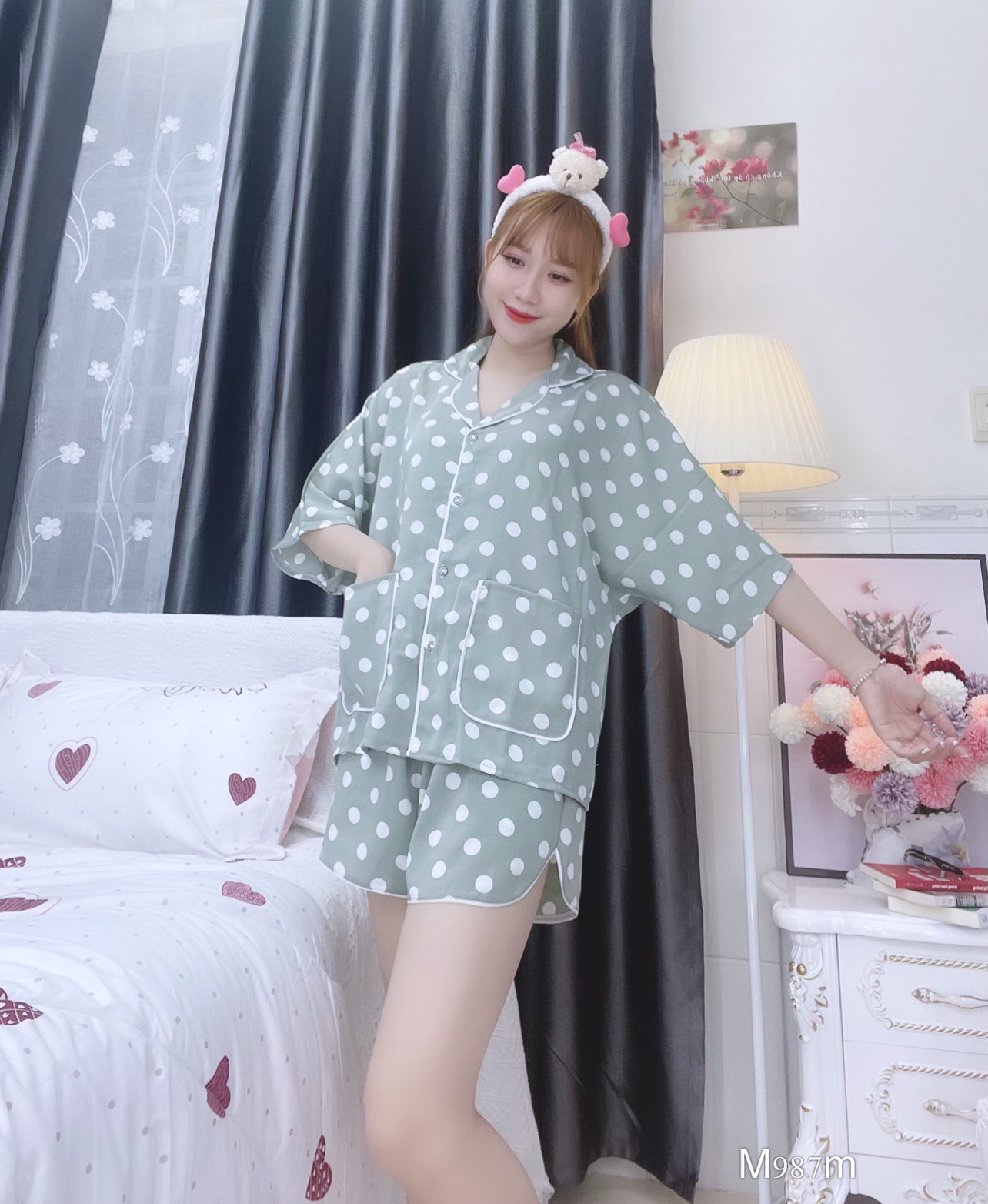 Đồ ngủ pijama ngắn phối màu xanh D1730