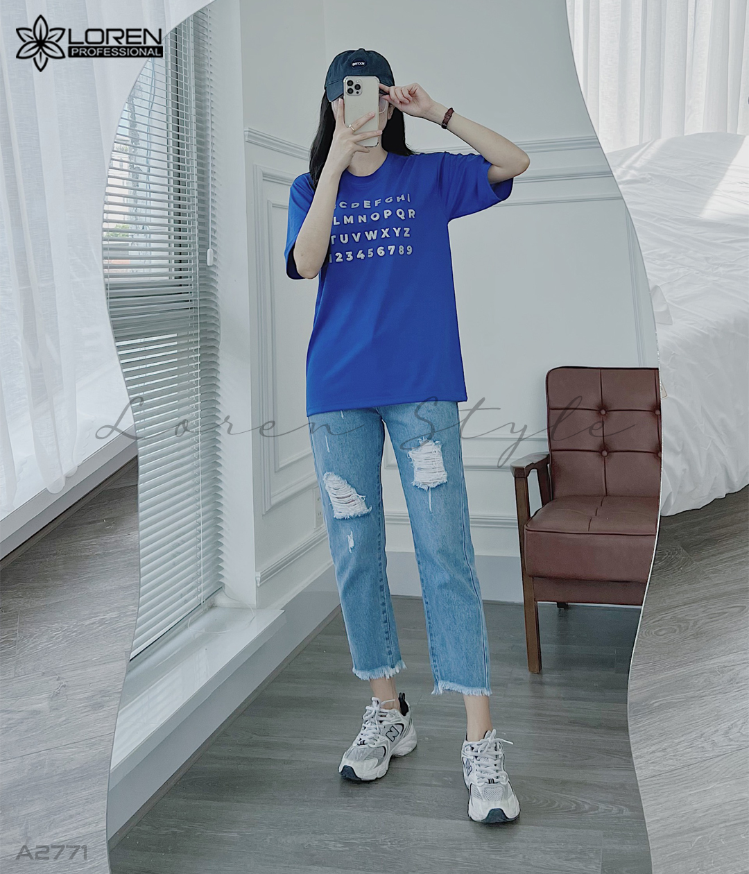 Áo thun nữ LOREN in chữ xanh A2771