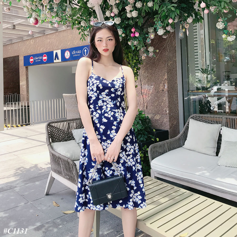 Đầm LOREN 2 dây hoa cúc xanh C1131