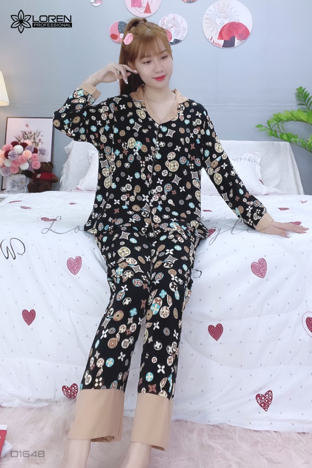 Đồ ngủ pijama dài phối cổ bèo đen D1648